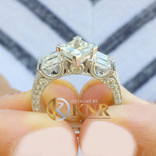 Load image into Gallery viewer, Princess Round and Baguettes Cut Moissanite Engagement Ring And Matching Band 14k Solid White Gold Bridal Wedding Ring Set Filigree 2.50ctw
