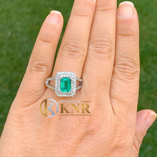 Load image into Gallery viewer, Natural Green Emerald And Natural Round Cut Sides Diamonds Ring Split Band Double halo, Bridal Engagement Wedding 14k Solid White Gold 2.80
