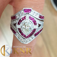 Load image into Gallery viewer, 14k white gold pear shape and round cut natural diamond and rubies engagement ring bands wedding bridal antique filigree bezel set 2.50ctw
