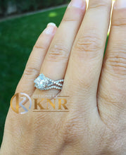 Load image into Gallery viewer, Princess Cut Moissanite And Cvd Round Cut Sides Diamond Engagement Ring And Matching Band Halo Twisted Shank 14K Solid White Gold 1.80ct
