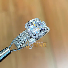 Load image into Gallery viewer, Cushion Cut Moissanite And Round Sides Engagement Ring And Two Matching Set In Bands 14k Solid White Gold Halo Wedding Bridal Set 3.70ctw
