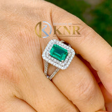 Load image into Gallery viewer, Natural Green Emerald And Natural Round Cut Sides Diamonds Ring Split Band Double halo, Bridal Engagement Wedding 14k Solid White Gold 2.80
