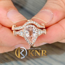 Load image into Gallery viewer, Natural Pear Shape Morganite And Natural Side Round Cut Diamond Ring And Matching Band Wedding Set Halo Ring Set 14k Solid Rose Gold 3.25ctw
