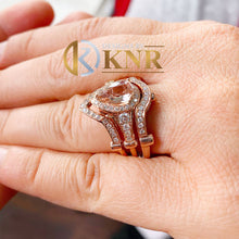 Load image into Gallery viewer, Natural Pear Morganite And Cvd Round Cut Diamond Ring And Two Matching Bands Wedding Set Bridal Halo Ring Set 14k Solid Rose Gold 4.00ctw
