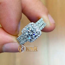 Load image into Gallery viewer, Cushion Cut Moissanite And Round Sides Engagement Ring And Two Matching Set In Bands 14k Solid White Gold Halo Wedding Bridal Set 3.70ctw
