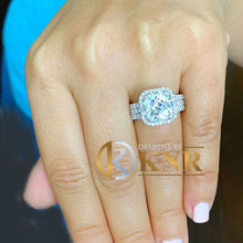 Load image into Gallery viewer, IGI Certified 14k solid white gold cushion and round cut diamond engagement ring and two bands Bridal set Halo 6.80ct
