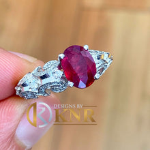 Load image into Gallery viewer, Oval Shape Ruby And Round Cut Natural Diamonds Engagement Ring 14k Solid White Gold Wedding Ring Antique Style Bridal Anniversary 2.90ctw
