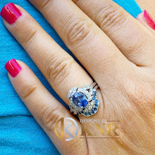Load image into Gallery viewer, Oval Cut Sapphire And Natural Diamonds Sides Engagement Ring And Matching Band Set In 14k Solid White Gold Wedding Bridal Halo Set 2.50ctw
