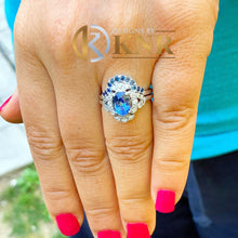 Load image into Gallery viewer, Oval Cut Sapphire And Natural Diamonds Sides Engagement Ring And Matching Band Set In 14k Solid White Gold Wedding Bridal Halo Set 2.50ctw
