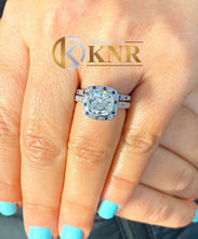 Load image into Gallery viewer, GIA Certified 14k Solid White Gold Cushion Cut Diamond And Sapphires Engagement Ring And Band Halo Wedding 3.00ctw F-VS2
