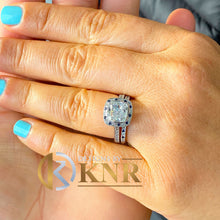 Load image into Gallery viewer, GIA Certified 14k Solid White Gold Cushion Cut Diamond And Sapphires Engagement Ring And Band Halo Wedding 3.00ctw F-VS2
