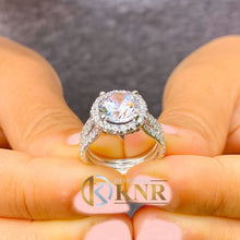 Load image into Gallery viewer, Round Cut Moissanite and Cvd Side Diamonds Engagement Ring Triple shank style 14k Solid White Gold Halo Design Bridal Wedding Ring 4.20
