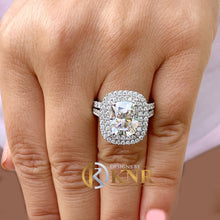 Load image into Gallery viewer, Cushion Cut Moissanite And Round Cut Sides Engagement Ring And Matching Band Double Halo 14K Solid White Gold Wedding Bridal Ring Set 4.50ct
