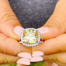 Load image into Gallery viewer, Fancy Yellow Cushion Simulated And Round Cut CVD Diamond Engagement Ring Women's 14k Solid White Gold Halo Style Split Shank Ring 4.70ctw
