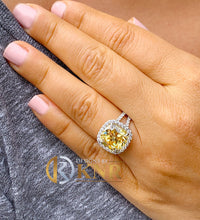 Load image into Gallery viewer, Fancy Yellow Cushion Simulated And Round Cut CVD Diamond Engagement Ring Women's 14k Solid White Gold Halo Style Split Shank Ring 4.70ctw
