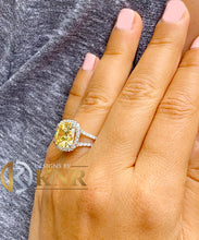 Load image into Gallery viewer, Fancy Yellow Cushion Simulated And Round Cut CVD Diamond Engagement Ring Women's 14k Solid White Gold Halo Style Split Shank Ring 4.70ctw

