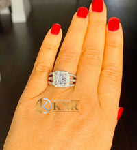 Load image into Gallery viewer, Princess Cut Moissanite And Round Cut Sides Cvd Diamonds Engagement Ring Prong Set Halo Triple Shank Style 14k Solid White Gold 3.80ctw
