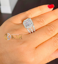 Load image into Gallery viewer, Princess Cut Moissanite And Round Cut Sides Cvd Diamonds Engagement Ring Prong Set Halo Triple Shank Style 14k Solid White Gold 3.80ctw
