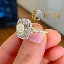 Load image into Gallery viewer, Cushion Cut Simulated Fancy Yellow And Round Cut Sides CVD Diamond 14k Solid Yellow And White Gold Engagement Ring Halo Right Hand RIng 5.00
