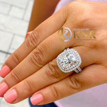 Load image into Gallery viewer, Cushion Cut Moissanite And Round Cut Sides Engagement Ring And Matching Band Double Halo 14K Solid White Gold Wedding Bridal Ring Set 4.50ct
