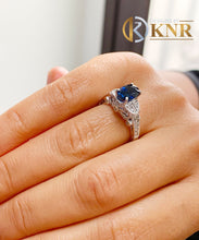 Load image into Gallery viewer, Oval Shape Natural Sapphire And Round Cut Natural Diamonds Engagement Ring Filigree Wedding Ring 14k Solid White Gold Bridal Ring 2.15ctw
