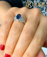 Load image into Gallery viewer, Oval Shape Natural Sapphire And Round Cut Natural Diamonds Engagement Ring Filigree Wedding Ring 14k Solid White Gold Bridal Ring 2.15ctw
