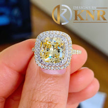 Load image into Gallery viewer, Cushion Cut Simulated Fancy Yellow And Round Cut Sides CVD Diamond 14k Solid Yellow And White Gold Engagement Ring Halo Right Hand RIng 5.00
