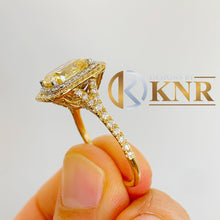 Load image into Gallery viewer, Cushion Cut Simulated Fancy Yellow And Round Cut Sides CVD Diamond 14k Solid Yellow And White Gold Engagement Ring Halo Right Hand RIng 5.00
