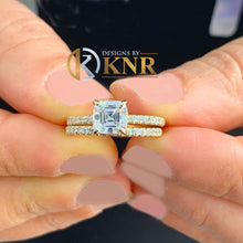 Load image into Gallery viewer, Asscher Cut Moissanite and Natural Round Cut Sides Engagement Ring And Matching Band In 14k Solid Yellow Gold Wedding Bridal Set 1.50ctw
