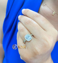 Load image into Gallery viewer, GIA Certified Natutral Cushion Cut And Round Cut Sides Diamond Engagement Ring Halo Bridal Ring 14k Solid Yellow Gold Wedding Ring 2.10ctw
