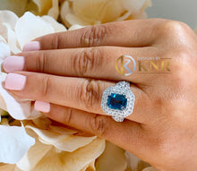 Load image into Gallery viewer, Cushion Cut Center Blue Topaz And Round Cut Sides Cvd Diamonds Engagement Ring Halo Wedding Ring 14k Solid White Gold Right Hand Ring 4.70ct
