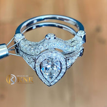 Load image into Gallery viewer, Pear Shape Moissanite and Round Cut Sides Natural Diamond  Bezel Set Halo Engagement Ring And Matching Band 14k Solid White Gold 2.50ctw
