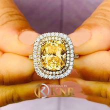 Load image into Gallery viewer, Fancy Yellow Cushion Simulated And Round Cut Cvd Diamond Engagement Ring Halo Right Hand Ring Women's Wedding Ring 14k Solid White Gold 5.70
