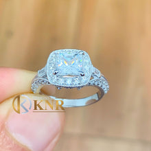 Load image into Gallery viewer, Princess Cut Moissanite and Round Cut Sides Engagement Ring Halo Deco Antique Style 14k Solid White Gold Bridal Wedding Prong Set 1.90ctw

