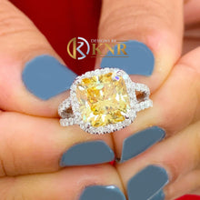 Load image into Gallery viewer, Fancy Yellow Cushion Simulated And Round Cut Natural Diamond Engagement Ring Women's 14k Solid White Gold Split Shank Halo Style 4.70ctw
