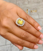 Load image into Gallery viewer, Fancy Yellow Cushion Simulated And Round Cut Cvd Diamond Engagement Ring Halo Right Hand Ring Women's Wedding Ring 14k Solid White Gold 5.70
