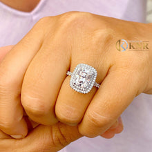 Load image into Gallery viewer, Elongated Cushion Cut Moissanite and Round Cut Sides Engagement Ring Double Halo Design In 14K Solid White Gold Wedding Bridal Ring 4.00ctw
