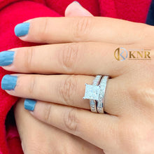 Load image into Gallery viewer, Princess Cut Moissanite And Cvd Sides Diamond Engagement Ring And Matching Band Wedding Set 14k Solid White Gold Women's Bridal Set 3.70ctw

