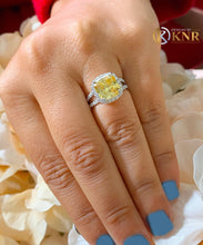 Load image into Gallery viewer, Fancy Yellow Cushion Simulated And Round Cut Natural Diamond Engagement Ring Women's 14k Solid White Gold Split Shank Halo Style 4.70ctw
