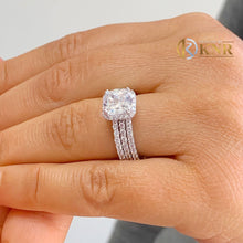 Load image into Gallery viewer, Cushion Cut Center Moissanite and Round Cut Sides Engagement Ring And Two Bands 14k Solid White Gold Wedding Set Halo Bridal Set 3.70ctw

