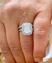 Load image into Gallery viewer, Emerald Cut Moissanite And cvd Round Side Diamonds Engagement Ring And Matching Band 14k Solid White Gold Double Halo Wedding Set 3.50ctw
