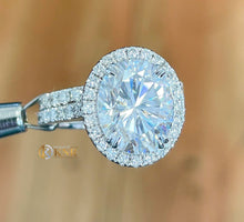 Load image into Gallery viewer, Oval Cut Moissanite and Round Cut Sides Engagement Ring And Matching Band 14k Solid White Gold Wedding Set Halo Style Bridal Set 4.50ctw
