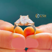Load image into Gallery viewer, Radiant Shape Center And Trillion Cut Sides Moissanite Engagement Ring 14k Solid Yellow Gold Three Stone Style Wedding Bridal Ring 3.30ctw

