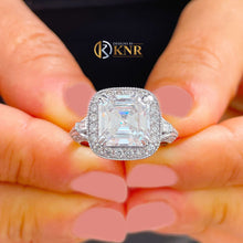 Load image into Gallery viewer, Asscher Cut Moissanite and Round Cut Engagement Ring Halo Style Wedding Ring 14k Solid White Gold Bridal Anniversary Ring For Her 4.05ctw
