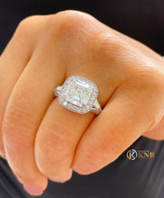 Load image into Gallery viewer, Asscher Cut Moissanite and Round Cut Side Cvd Diamond Engagement Ring 14k Solid White Gold Deco Style Bridal propose Wedding Ring 4.05ctw
