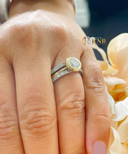 Load image into Gallery viewer, Round Cut Moissanite Engagement Ring And Two Matching Bands Set In 14k Yellow And White Gold Bezel Set Wedding Set Halo Style Bridal 2.40ctw
