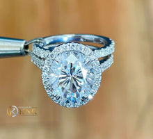 Load image into Gallery viewer, Oval Cut Moissanite and Round Cut Sides Engagement Ring And Matching Band 14k Solid White Gold Wedding Set Halo Style Bridal Set 4.50ctw
