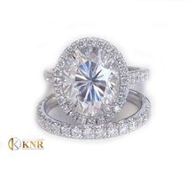 Load image into Gallery viewer, Oval Cut Moissanite and Round Cut Sides Engagement Ring And Matching Band 14k Solid White Gold Wedding Set Halo Style Bridal Set 4.50ctw
