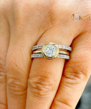 Load image into Gallery viewer, Round Cut Moissanite Engagement Ring And Two Matching Bands Set In 14k Yellow And White Gold Bezel Set Wedding Set Halo Style Bridal 2.40ctw
