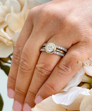 Load image into Gallery viewer, Round Cut Moissanite Engagement Ring And Two Matching Bands Set In 14k Yellow And White Gold Bezel Set Wedding Set Halo Style Bridal 2.40ctw
